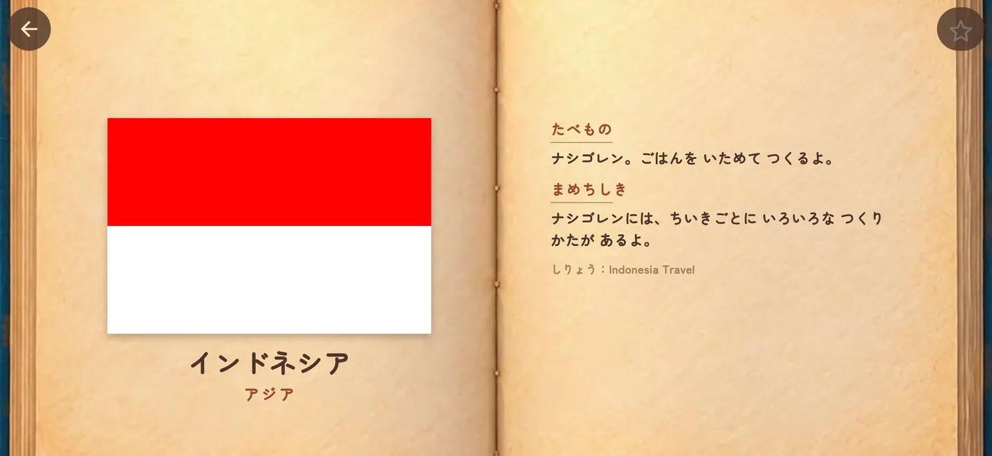 インドネシアの国旗と、食べ物のナシゴレンについてのまめちしきが載った詳細画面