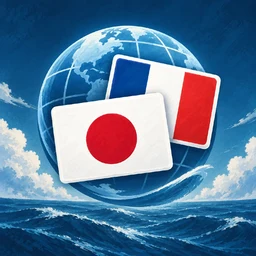 地球の前に日本とフランスの国旗が並ぶ、FLAGVOYAのアイコン