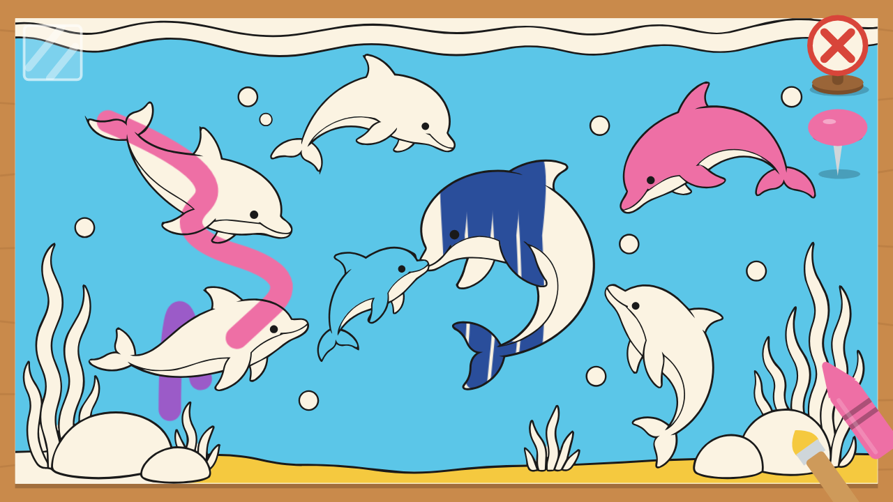 イルカの絵に色を塗る、おえかきの開発中画面