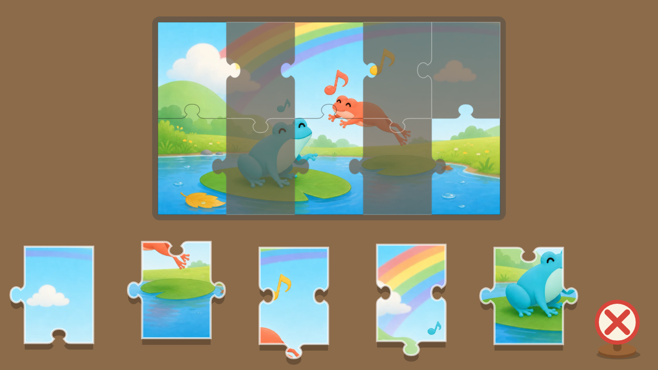 虹の下のカエル2体の絵を組み立てる、パズルの開発中画面