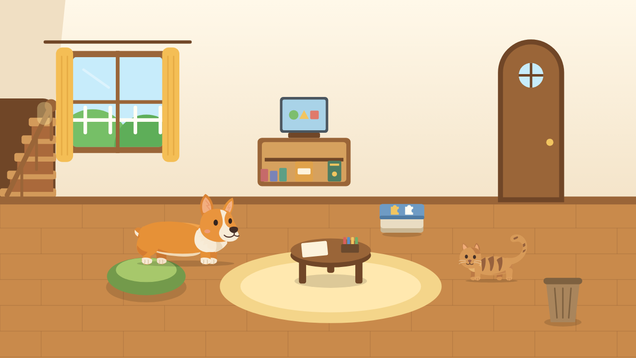 犬と猫がいる家の中の開発中画面