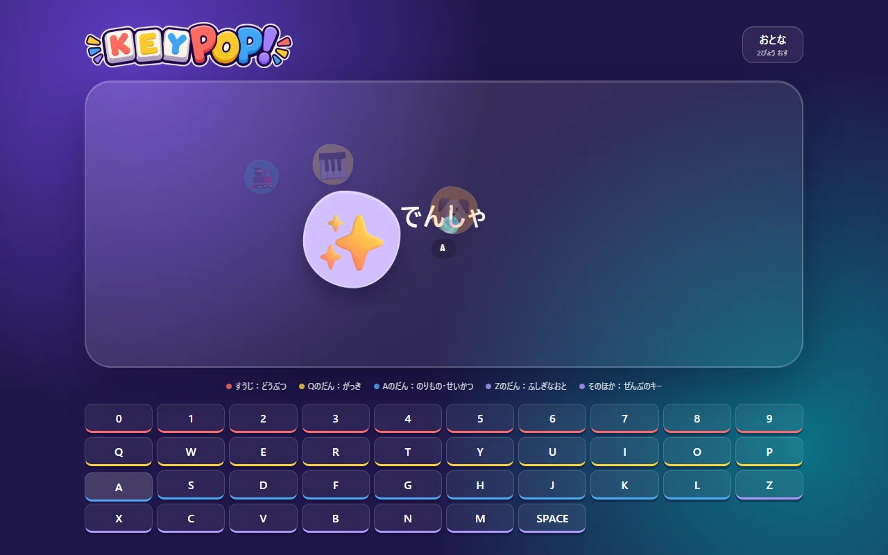 キーを押すと犬や楽器、電車の絵が飛び出すKEY POP!のゲーム画面